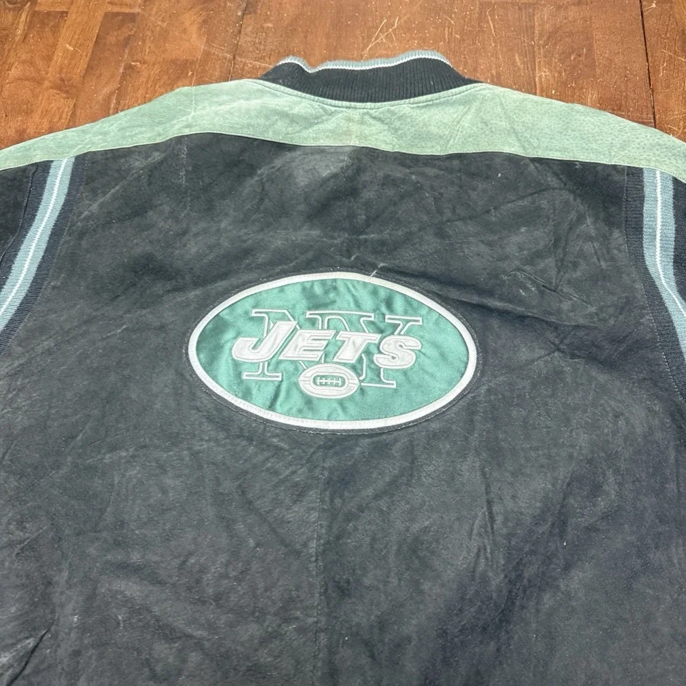Vintage 90s Y2k New York Jets‎ NFL Suede Varsity Bomber Jacket size 5XL